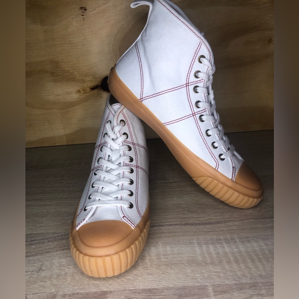 J Crew White Ivory Gum Red High Top Lace Tie Up Cotton Canvas Sneakers Size 8